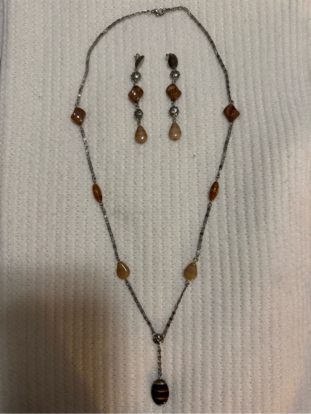 Brazilian Banded Agate Tagua Nut Jewelry Set Station Necklace Dangle Earrings